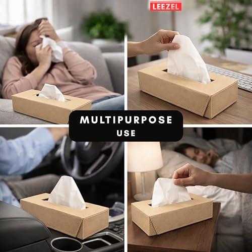 Image of LEEZEL| Tissue Box Holder with 100 Pulls Cotton Rags Tissue | Handcrafted Fine Leather - Like Finish | for Gifting, Office Desks, Cars & Home Decor | Durable & Water Resistant. (Beige)