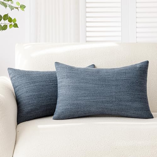 Image of Foindtower Set of 2 Decorative Textured Burlap Linen Throw Pillow Covers Farmhouse Boho Lumbar Cushion Cover Solid Accent Pillowcase for Couch Sofa Bed Living Room Home Decor,12x20 Inch,Navy Blue