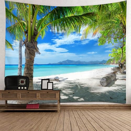 Tapisserie paysage 150x150cm plage et cocotiers pour décoration murale de chambre d'enfant