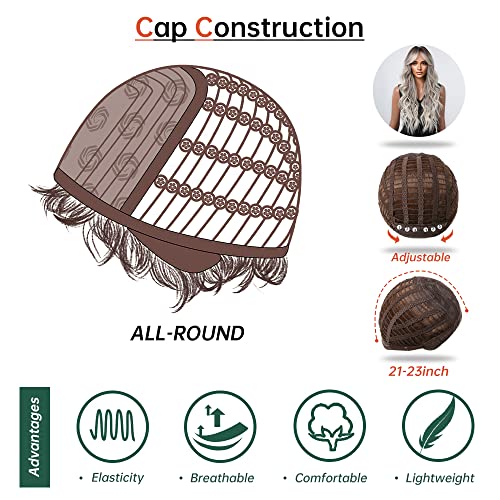 Gray Wigs For Black Women Long Ombre Brown Grey Curly Wig With Air Bangs Dark Roots Heat Resistant Synthetic Wig For Daily Use #TOP5