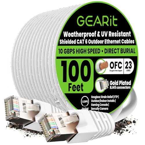 Image of GEARit Cat6 Outdoor Ethernet Cable (100ft) 23AWG Pure Copper, FTP, LLDPE, Waterproof, Direct Burial, In-Ground, UV Resistant, POE, Network, LAN, Internet, Cat 6, Cat6 Cable - 100 Feet