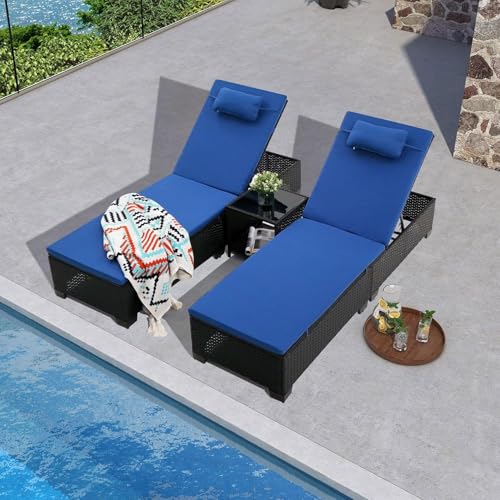 Image of UF Outdoor Poolside Lounger with Adjustable Backrest Sun and Patio Table Chaise Recliner for Terrace Garden Poolside for Relaxation Durable and Stylish- Set of 2 (Brown & Blue)