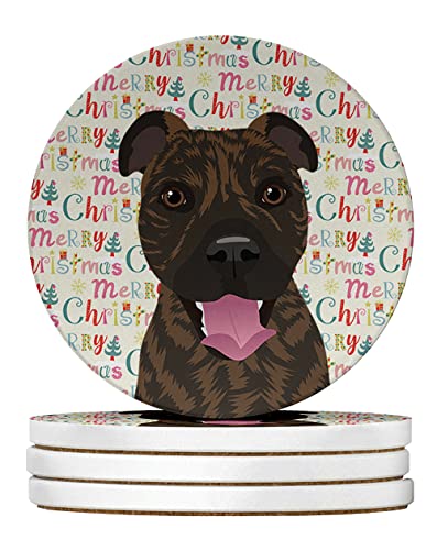 Caroline's Treasures Pit Bull Brindle #1 Christmas Large Sandstone Coasters Pack of 4 Absorbent Round Coasters Decor Gifts for Men or Women, 4 in, Multicolor