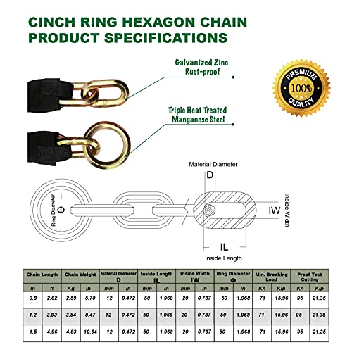 Okg Heavy Duty Security Chain, 3.9 Ft X 12Mm (1/2 In.) Thick Ultra Cut Proof Hardened Steel Chain - Anti Theft Cinch Ring Lock Chain For Motorcycle, Moped, Trailer, Container, Gate, And More #TOP2