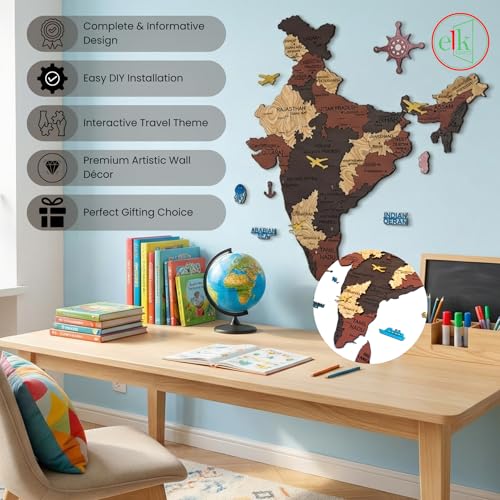 Image of Elk Wooden 3D India Map Wall Decor With All State Names and Capital Cities, Perfect Home Office Wall Decor for Travel Enthusiasts | Size : XXL(180x164 CM)