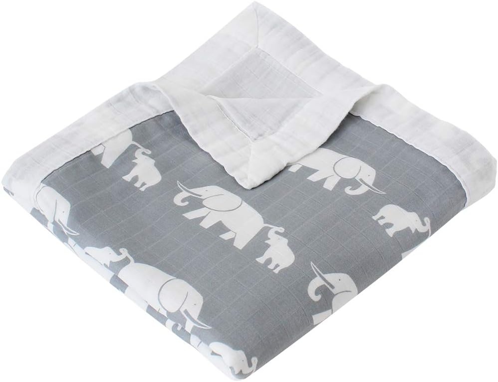LifeTree Soft Baby Blankets 2 Layer Muslin Cloth - 45"x45" Bamboo Cotton Toddler Blanket for Boys & Girls Elephant Print