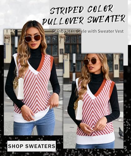 Image of MARZXIN Women Sleeveless Sweater V Neck Casual 2026 Fall Knitted Chevron V Neck Sweater Vest Color Block Pullover Sweater Top
