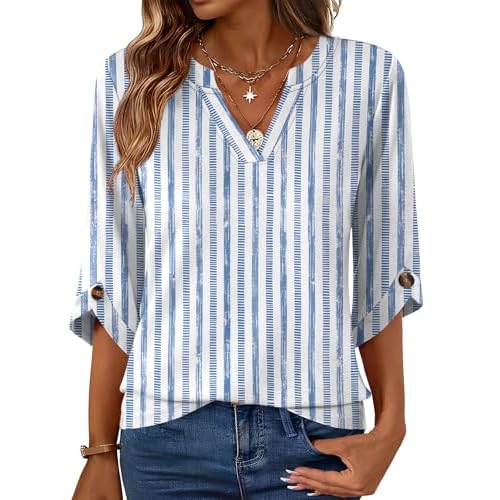 Kistore Womens 3/4 Length Sleeve Tunic Tops Casual V Neck Shirts Business Work Blouses Trendy Flowy Tees B Blue White Stripes Small