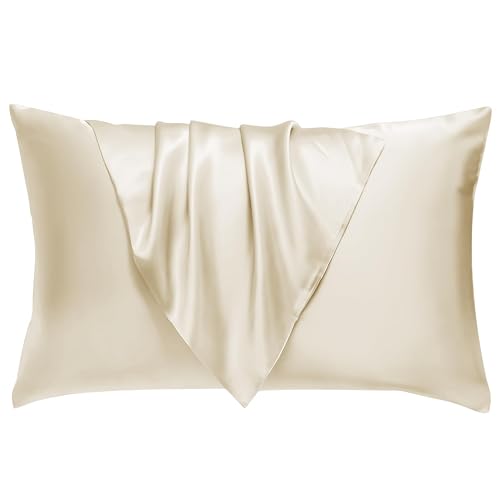 BHZ Satin Goose Down Feather Pillows Standard Size with Beige Satin Pillowcase for Hair and Skin, Cooling Pillow Cases Similar to Silk Pillow Cases, Decorative for Women, Mom Men