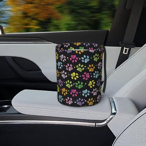 Image of Car Garbage Bag Colorful Paw Print Mini Car Trash Bin Portable Collapsible Waterproof Rubbish Bag for Car Accessories Back Front Seat Cup Holder