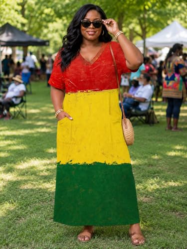Image of Plus Size Maxi Dress for Women Short Sleeve V Neck Casual Loose Sundress with Pockets