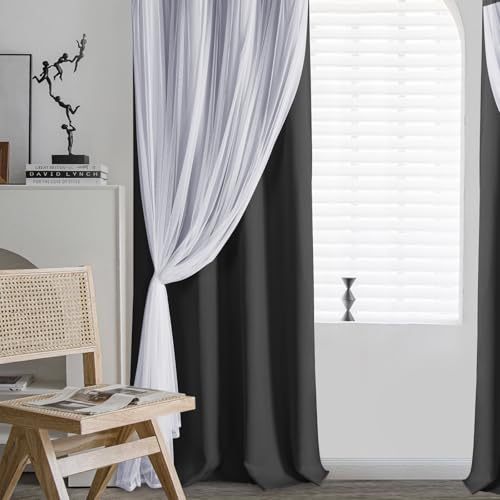 Image of DWCN Black Blackout Curtains with Sheer Overlay with Tiebacks 84 Inch Long