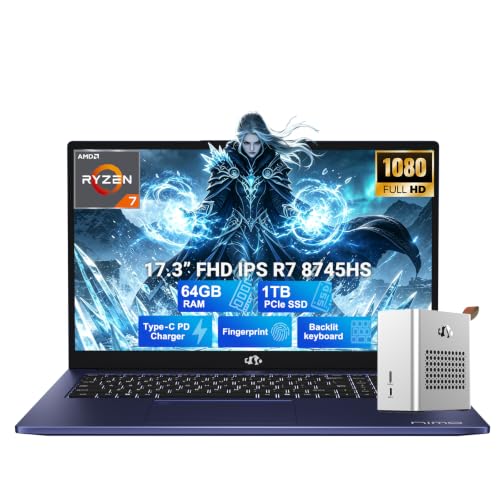 Image of NIMO 17.3 inch Light-Gaming-Laptop, AMD Ryzen 7 8745HS 64GB DDR5 1TB SSD Radeon 780M, Fingerprint FHD PC w /eGPU Dock with RX 7600M XT 8GB GDDR6 for Video Editing, AI Tasks, Remote Streaming, 2-Yr Warranty