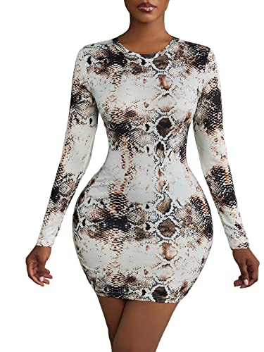 Floerns Women s Snakeskin Print Long Sleeve Party Club Bodycon Mini Dress Multicolor M
