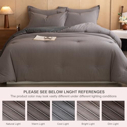Image of 100% Cotton Comforter Set Queen Size - Reversible Yarn-Dyed Stripe Design, Soft Washed Cotton on Both Sides, Lightweight All-Season Bedding, Machine Washable(Dark Grey Stripe, 90 inchx90 inch)
