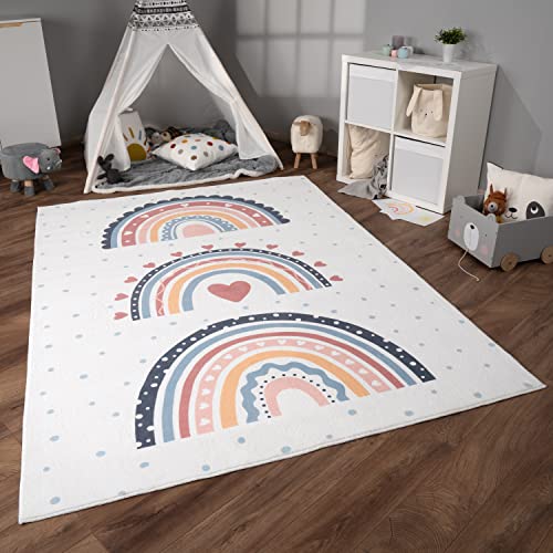 Paco Home Teppich Kinderzimmer Kinderteppich Spielteppich Kurzflor rutschfest Krone Herzen Punkte Sonne Regenbogen Buchstaben, Grösse:200x280 cm, Farbe:Bunt 2