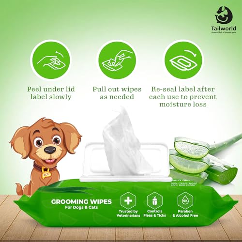 Image of Tailworld Grooming Pet Wet Wipes for Dogs & Cats with Aloe Vera Fragrance | Soft, Anti-Bacterial, Paraben & Alcohol Free Cleansing & Deodorising Wet Tissues | 600 Wipes (Pack of 6)