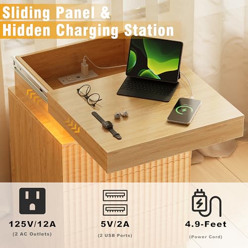 Image of Fluted Nightstand with Charging Station and LED Light, Bedside Table with Sliding Top, USB Ports and AC Outlets, 3 Drawer Storage Cabinet, Modern End Table for Bedroom, Natural Oak