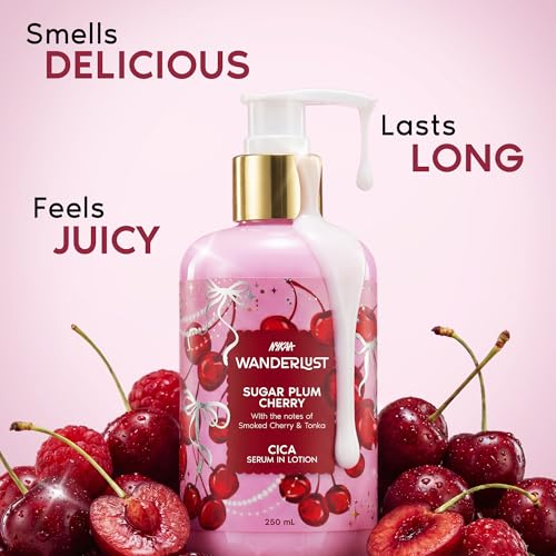 Image of Nykaa Wanderlust Sugar Plum Cherry Moisturising Body Lotion, 250 ml |Cherry & Raspberry | Lightweight, Long-Lasting Moisturisation| Vegan, Paraben-Free I Suitable for All Skin Types