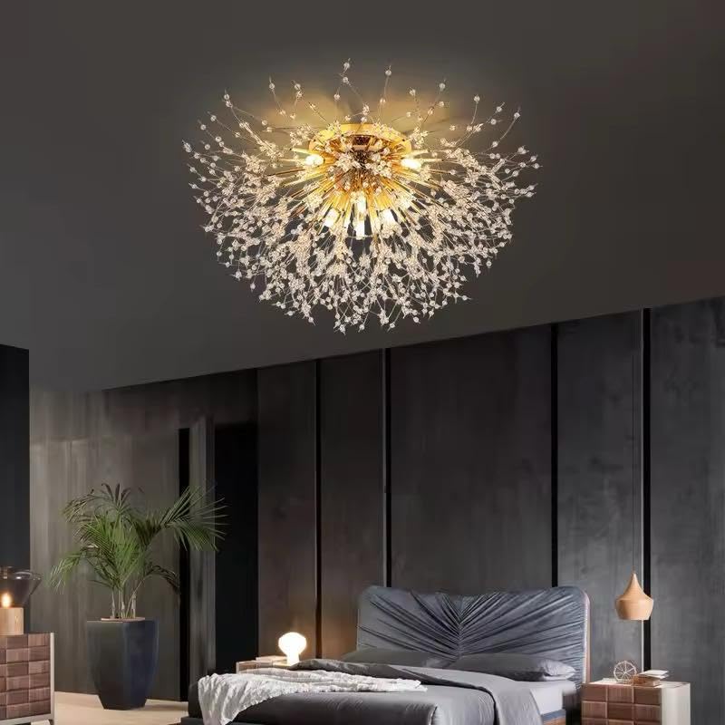 Image of Modern Crystal Flush Mount Chandelier - Luxury Gold Starburst Ceiling Light for Bedroom, Living Room & Hallway| 30cm