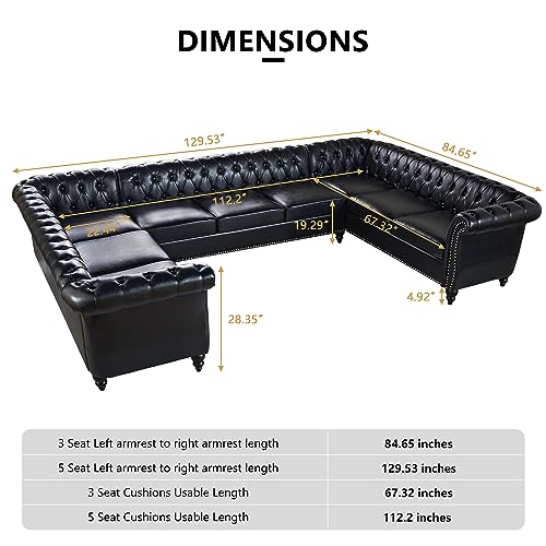 Image of QHITTY U-Shaped Sofa, Sectional Chesterfield Leather Faux Couch 9-Seater Upholstered Large Accent Tufted Sofa with Rolled Armrest and Nailhead Design for Living Room, Apartment, Office (Black)