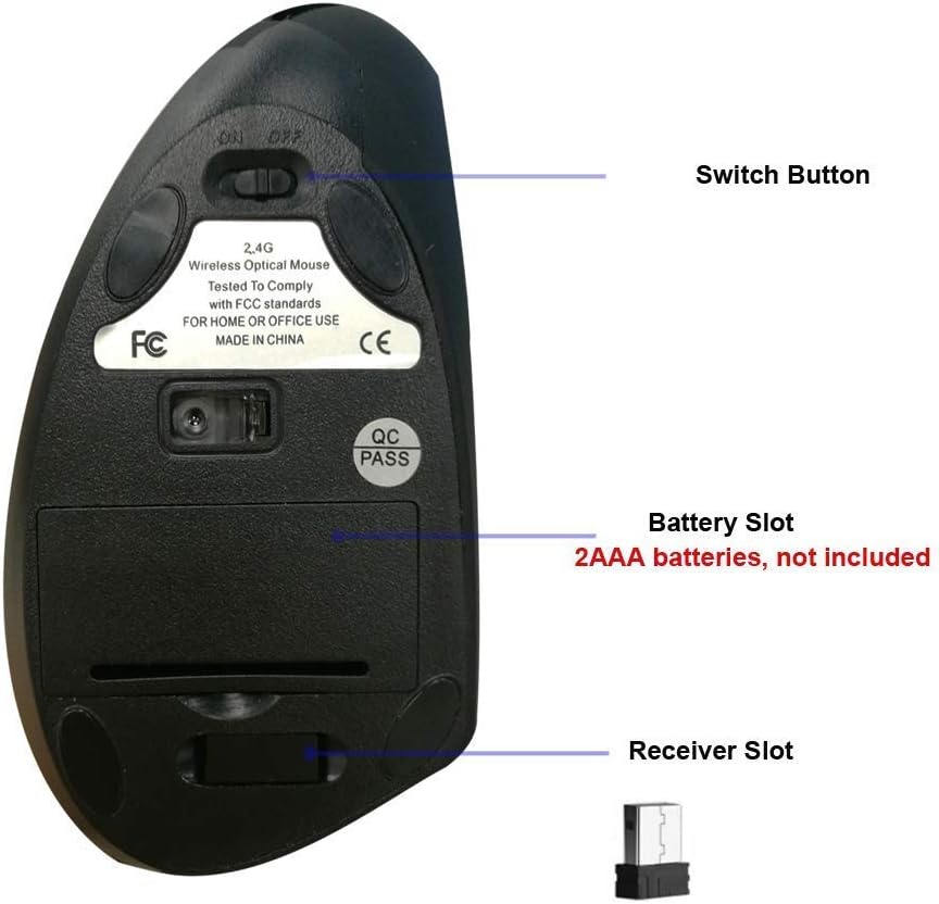 Wireless Vertical Mouse, 2.4G Wireless Ergonomic Optical Mouse with 3 Adjustable 800/1200 /1600 DPI, More Suitable for Big Hands