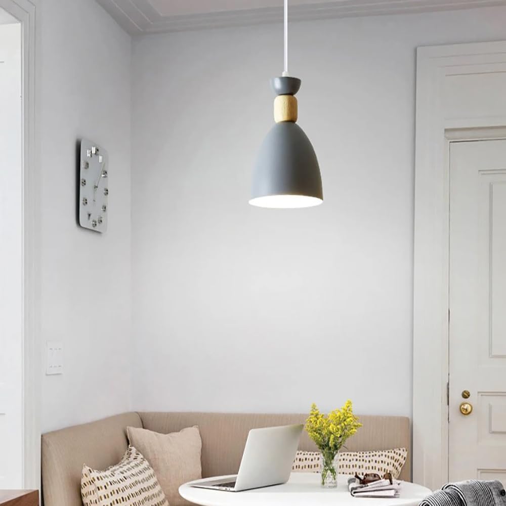 1-Lights Wooden Pendant Lights Fixtures Chandelier Lighting E26 Modern Flush Mount Ceiling Light Retro Grey Length Adjustable Hanging Lamp for Bedroom Kitchen Island Dining Room Living Room