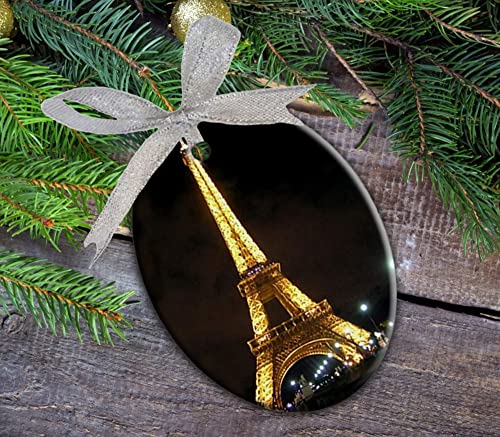 Eiffel Tower At Night Paris France Custom Personalized Porcelain Oval Christmas Ornament Hanging Gift #TOP3