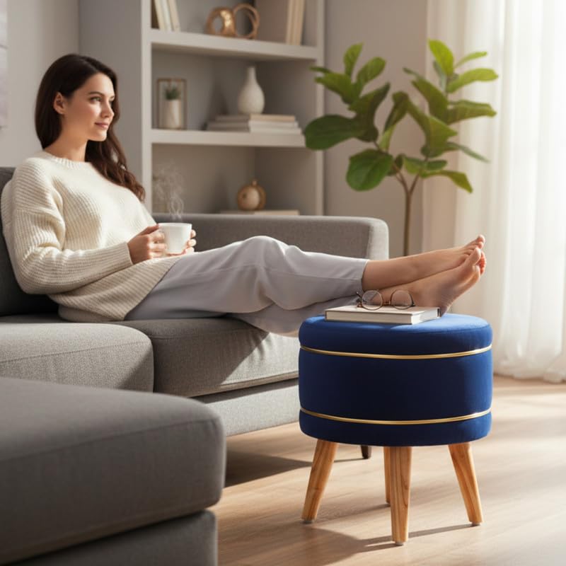 Image of Ottoman Stool for Living Room Foot Rest | Velvet Small Ottoman Foot Stool | Solid Wood Legs | Footstool Puffy for Home, Bedroom & Makeup Table | 16x16x18 Inch, Set of 2 (RoyalBlue)