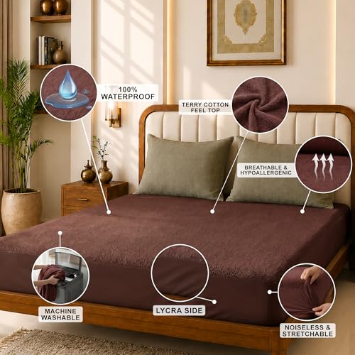 Image of Glassiano Cotton Feel Terry Ultra Soft Waterproof Mattress Protector | Breathable - Hypoallergenic Mattresses Cover with Elastic Strap for Single Bed (75x42 inch|6.2x3.5 feet, Coffee - Pack of 1)