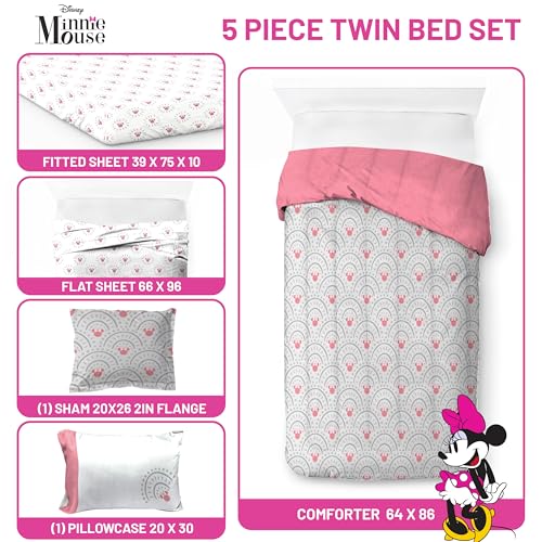 Image of Disney Minnie Mouse Twin Comforter Set 5 Piece Bedding for Girls, Grey | Bed in a Bag, Comforter Sheets Sham Pillowcase, Official Product, Soft Microfiber, Machine Washable, Easy Care, Girls Gift