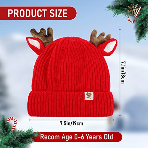 Jeyiour 2 Pack Cute Reindeer Antlers Baby Beanie Kids Winter Hat Christmas Toddler Moose Hat Warm Crochet Knitted Hat For Girls Boys Red, Beige #TOP1