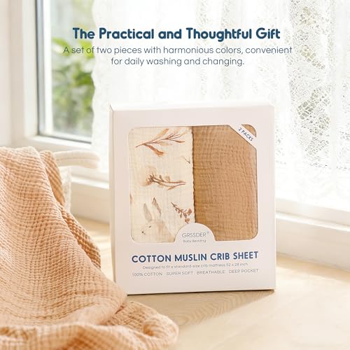 Image of GRSSDER 100% Cotton Muslin Crib Sheet 2 Pack - Breathable & Ultra-Soft Fitted Crib Sheets for Standard Baby & Toddler Mattresses, 52 inchx28 inch with 9 inch Deep Pocket, Snug Fit All-Around Elastic