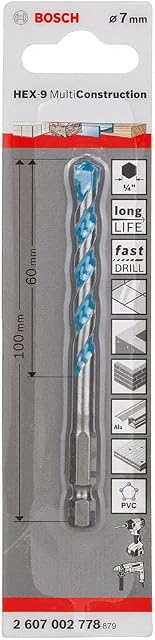 Bosch 2607002778 Multi-Purpose Drill Bits, Hex-9 Multi Construction, 7mm x 50mm x 100mm, Silver/Blue
