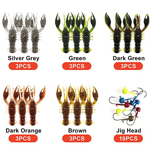 Lilureena 25 Pcs Bass Fishing Kit Baits Soft Plastic Fishing Lures Bass Lures For Bass Crawfish Lures Jig Head Kit #TOP2