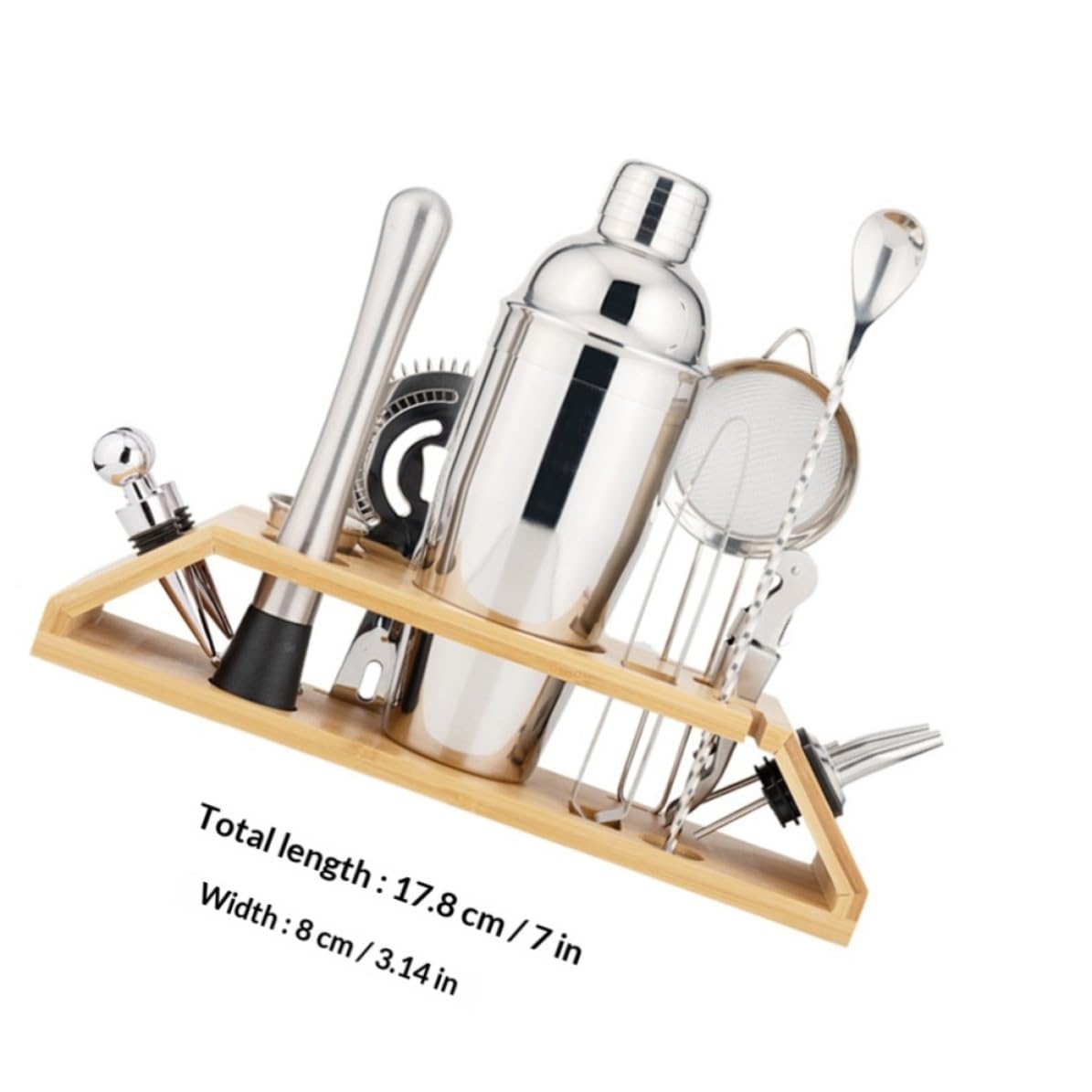 Cocktail Shaker Set in Acciaio Inox, 550ml, Argento, Supporto in Bambù, per Drink e Caffè, per Casa e Bar, Set Shaker Cocktail e Bar Tools