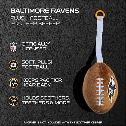 Image of Baltimore Ravens Plush Football Pacifier Holder by Smilo - Officially Licensed NFL Soother Holder - Soft Plush Toy and Dummy Holder - Fits Any Pacifier - Stroller Accessory & Newborn Essential