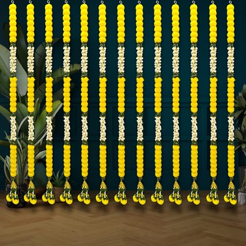 Image of iHandikart Pack of 2 Artificial Yellow Marigold Flower Garlands with White Jasmine Leaves (72 Inch) - Extra Long Decorative Floral Strings for Pooja, Temple, Wedding Backdrop, Diwali, Haldi & Mehandi