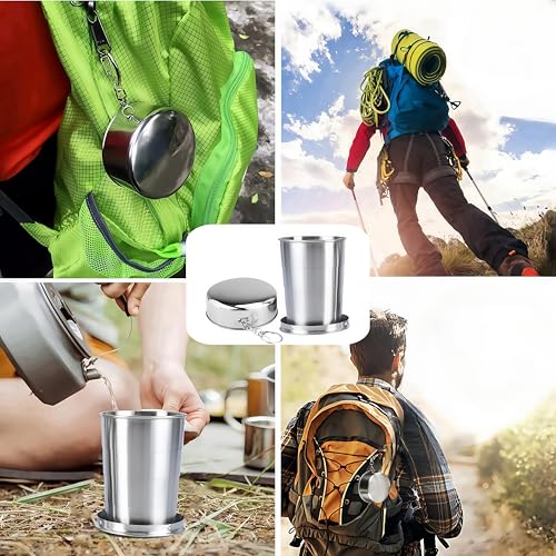 WizeFolk 250 ml Faltbare Edelstahlbecher, Tragbare Metallbecher, Faltbarer Wasserbecher, Reisebecher mit Schlüsselhalter für Outdoor, Reisen, Camping, Wandern