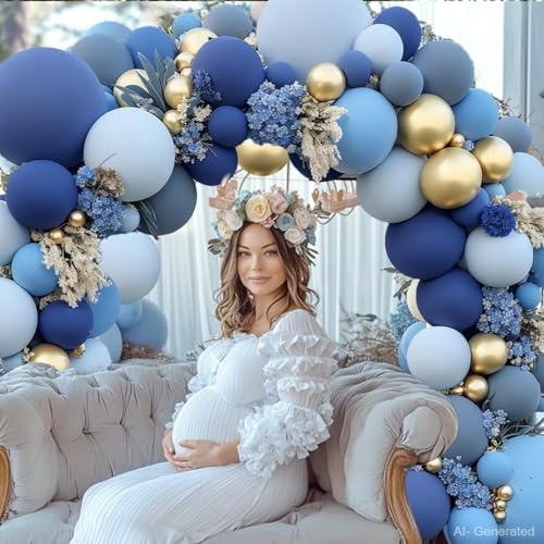Image of Blocesa Dusty Blue Gold Balloons Arch Kit, Double Stuffed Pastel Balloon Arch Pastel Light Dark Denim Pale Blue Balloons With Blue Gold Balloons for Boy Birthday Wedding Graduation Party Decorations