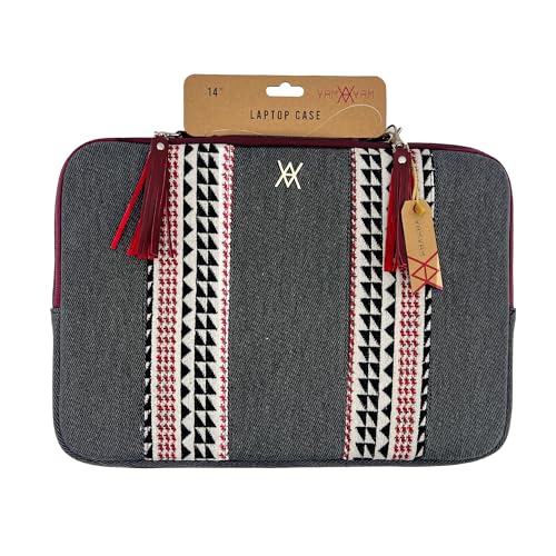 WONDEE Maletín Funda Portátil 13 a 14 pulgadas con Franja Decorativa de Tela Bordada Estilo Étnico - Funda para Ordenador Portátil Macbook Pro y Air 13/14 pulgadas Acolchada y Reforzada con Cremallera