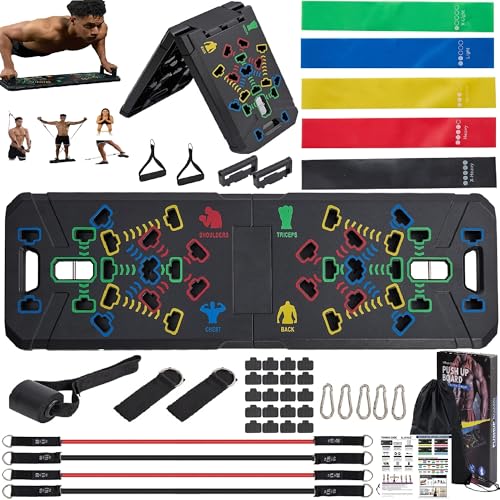 Eliknaz Portable Push Up Board Gym Kit 25-in-1, Foldable Push Up Station & Exercise Board Workout Set with 18 Accessories, Resistance Bands & Handles, Ankle Straps for Men, Women & Teens