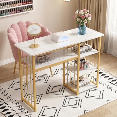 Makamsui Manicure Table Nail Desk Station Nail Tech Desk with Storage Shelves Modern Nail Table with Marbling Texture Beauty Salon Spa Workstation Desk Sturdy Metal Frame Nail Station (Gold)