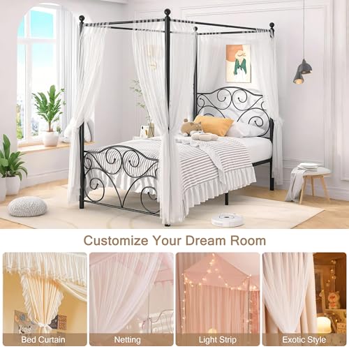 Image of VECELO Metal Canopy Bed Frame Twin Size, 4 Posters Platform Mattress Foundation with Headboard, Heavy Duty Steel Slats Support, No Box Spring Needed, Black