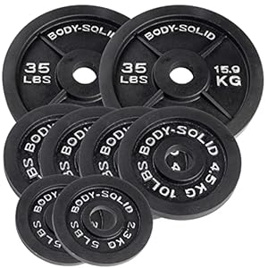 Body-Solid Cast Iron Olympic Weight Plate Set, Free Weights Dumbbell Plates with 2 Inch Standard Hole for All Olympic Barbell Types