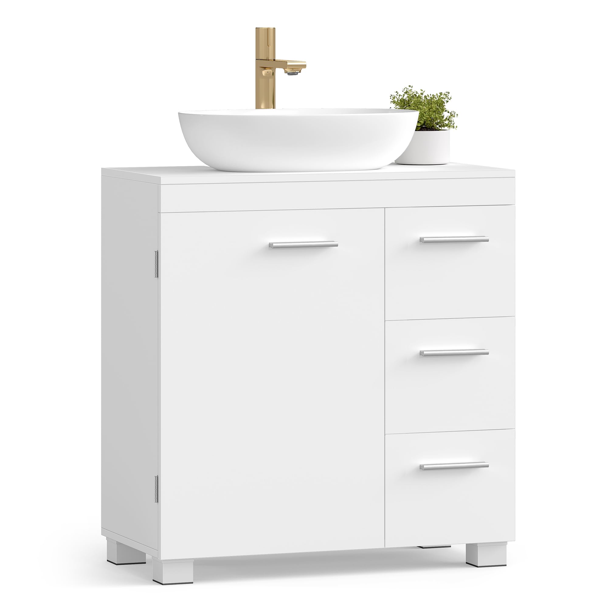 VASAGLE Under Sink Bathroom Cabinet, Storage Cabinet with Feet, 3 Drawers, 2 Compartments Behind the Door, for Washbasins with Pedestal, 30 x 60 x 64 cm, Cloud White BBK514WB01