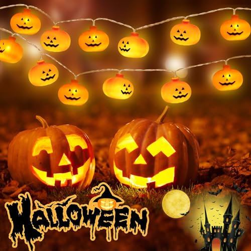 Halloween Lichterkette Kürbis, 20 LEDs Warmweiß Kürbis Lichter Schnur 3m Kürbis Deko Licht, 3D Kürbisse Deko Licht mit 2 Modi Halloween LED Lichter Deko für Halloween Party Häuseral Gärten Hof