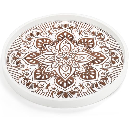 ZEAYEA Round Wood Decorative Tray, Coffee Table Tray, Boho Ottoman Trays, Wooden Centerpiece Serving Trays for Kitchen Counter Home Decor, 12 Inch