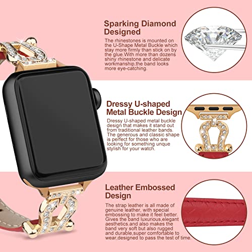 mxiixnai Leather Bands Compatible with Apple Watch Band Women 38mm 40mm 41mm,U-shape metal buckle with Bling Diamond for iWatch Bracelet series 8 7 6 5 4 3 2 1 SE(Red/Gold)