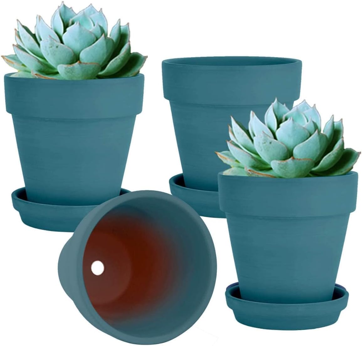 6 Inch Steel Blue Terracotta & Clay Pots for Plant with Saucer - 4 Pack Medium Terra Cotta Planter with Drainage Hole, Flowerpot for Indoor Outdoor Plants, Crafts, Wedding Favor